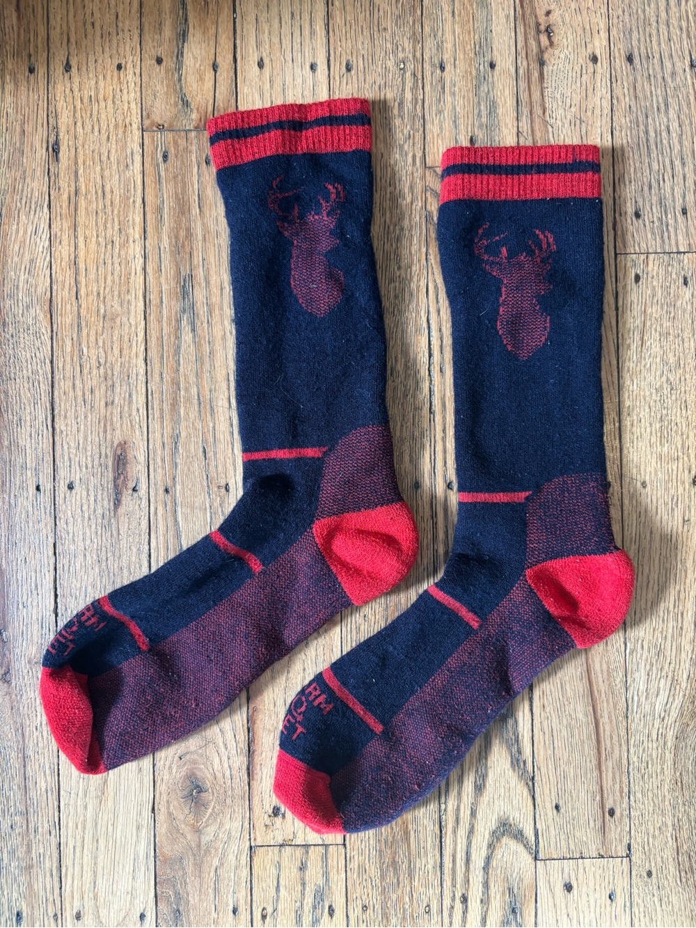Men's Blue and Red Athletic Crew Socks with Deer Motif